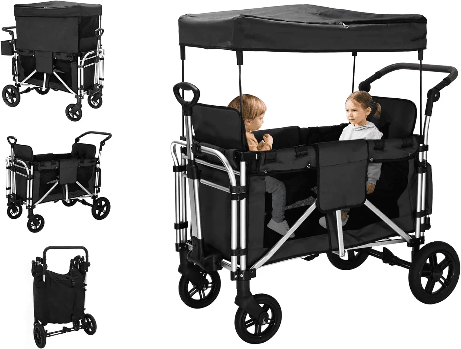 Stroller Wagon for 2 Kids, Wagon Stroller with 2 High Seat, 5-Point Harnesses, Adjustable Canopy, Foldable Stroller Wagon 2 Passenger for Garden, Stroller, Camping, Grocery Cart