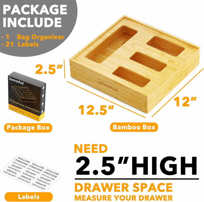 Bag Storage Organizer for Kitchen Drawer, Bamboo Organizer, Compatible with Gallon, Quart, Sandwich and Snack Variety Size Bag (1 Box 4 Slots), 2.5" High - Image 3