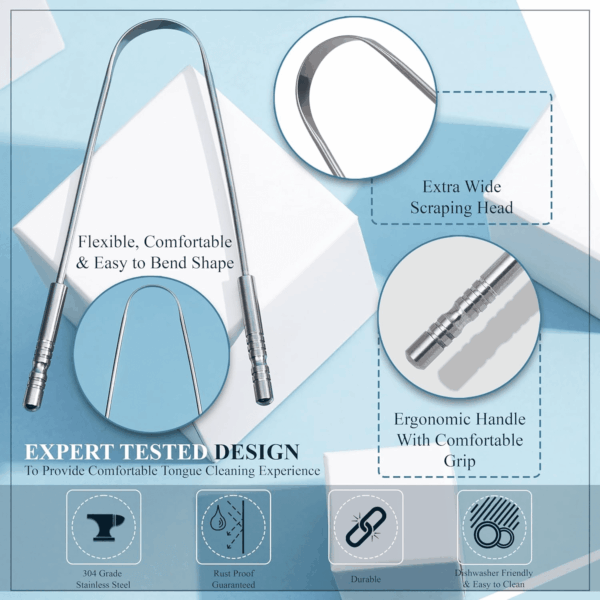 Tongue Scraper for Adults with Multicolor Travel Cases (2 Pack), 100% Stainless Steel, Reduce Bad Breath, Tongue Scrubber, Easy to Use, Tongue Cleaner for Oral Care & Hygiene - Image 3