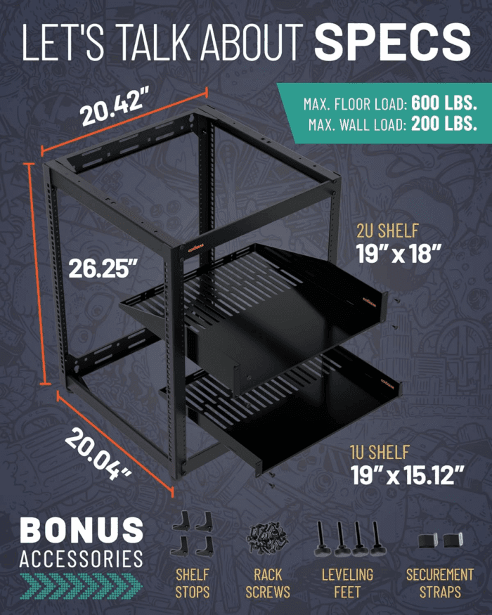 15U Open Frame Rack for Servers & AV Gear - Wall Mountable Design Includes 2X Vented Shelves, 25X Rack Mounting Screws, 4X Leveling Feet, 4X Shelf Stops, & 2X Securement Straps - Image 9