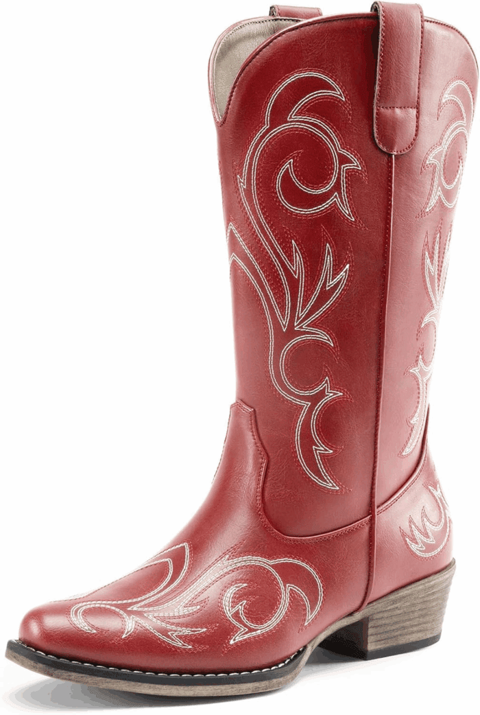 Women'S Cowboy Boots Mid Calf Cowgirl Boots Square Toe Chunky Heel Embroidery Stitched Western Boots