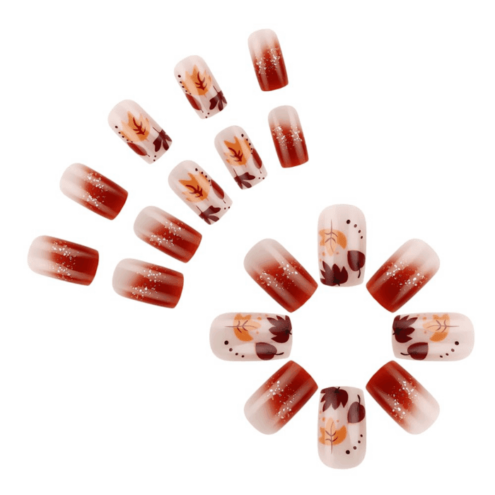 24 Pcs Fall Maple Leaf Press on Nails Short Square Reddish Brown Glitter Fake Nails Full Cover Brow French Tip False Nails Autumn Maple Leaf Artificial Nails for Women DIY Autumn Manicure Decorations - Image 4