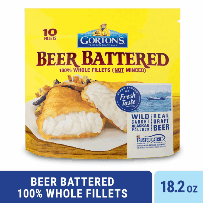 Gorton’S Beer Battered Fish 100% Whole Fish Fillets (Not Minced), Wild Caught Pollock, Frozen, 10 Count, 18.2 Ounce Resealable Bag