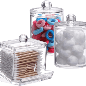 Plastic Qtips Holder Bathroom Container, 10/7 OZ Cotton Ball/Swabs Dispenser, Apothecary Jar Organizer for Storage 3 Pcs