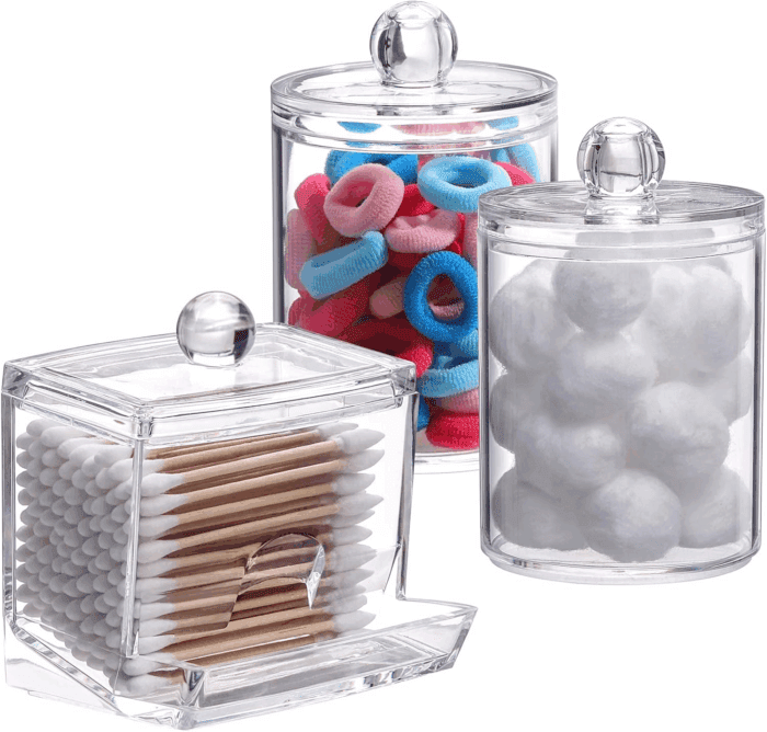 Plastic Qtips Holder Bathroom Container, 10/7 OZ Cotton Ball/Swabs Dispenser, Apothecary Jar Organizer for Storage 3 Pcs