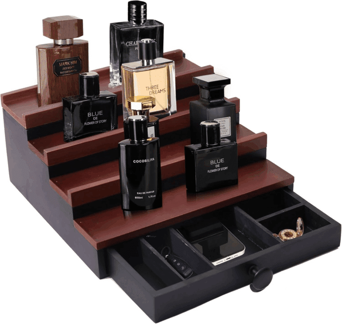 Cologne Organizer for Men - 4 Tier Walnut Black Wooden Cologne Display Stand with Drawer and Hidden Compartment, Mens Cologne Holder Shelf for Organizing and Storing, Walnut Black - Image 5