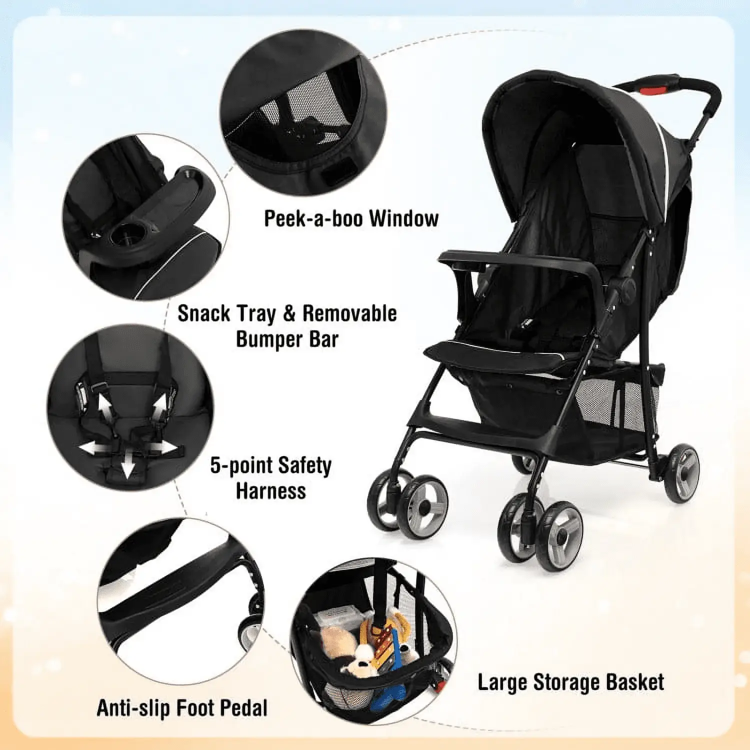 Baby Stroller, Infant Carriage Bassinet Stroller,Toddler Travel Stroller for Airplane with Adjustable Backrest and Canopy - Image 6