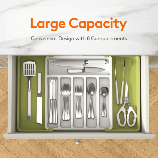 Silverware Drawer Organizer, Expandable Utensil Tray for Kitchen, BPA Free Flatware and Cutlery Holder, Adjustable Plastic Storage for Spoons Forks Knives, Large, Green&White - Image 2