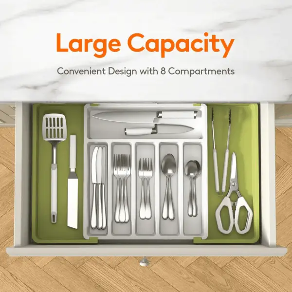 Silverware Drawer Organizer, Expandable Utensil Tray for Kitchen, BPA Free Flatware and Cutlery Holder, Adjustable Plastic Storage for Spoons Forks Knives, Large, Green&White - Image 2