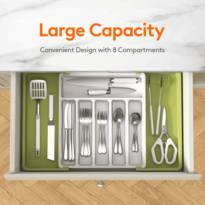 Silverware Drawer Organizer, Expandable Utensil Tray for Kitchen, BPA Free Flatware and Cutlery Holder, Adjustable Plastic Storage for Spoons Forks Knives, Large, Green&White - Image 2