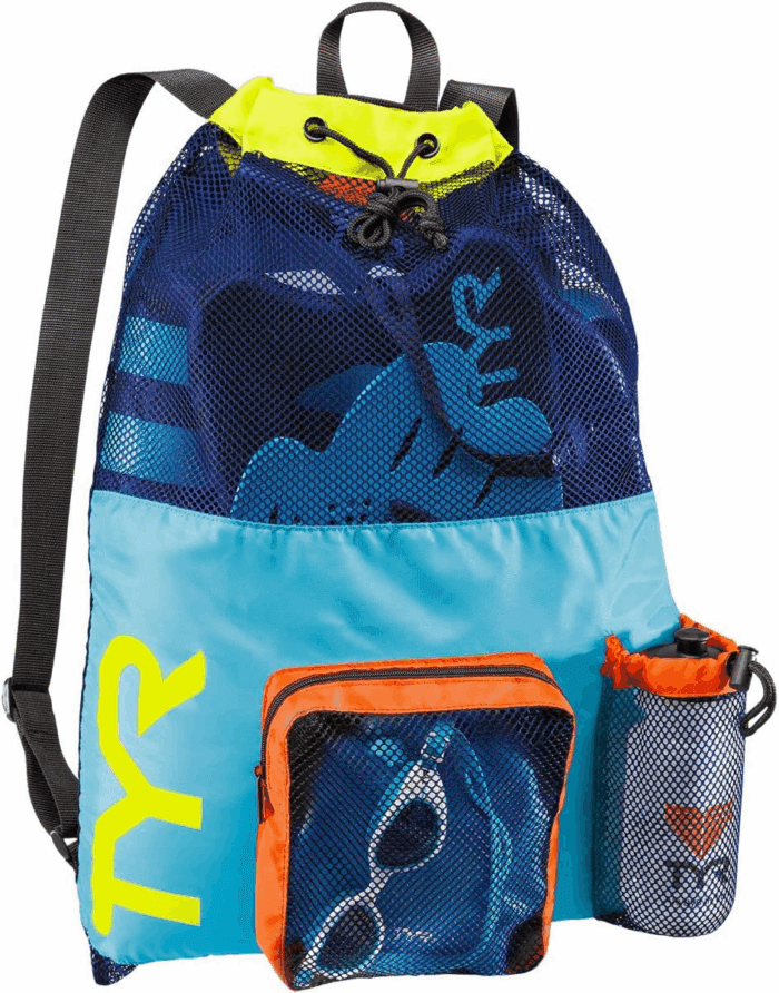 Big Mesh Mummy Backpack for Wet Swimming, Gym, and Workout Gear, Blue/Yellow
