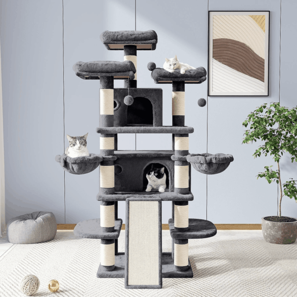 68 Inches Cat Tree/House and Towers for Big Feline/Scratching Post/Multi-Level Large Kitty Climbing Tree with Condo/Smokey Grey - Image 2