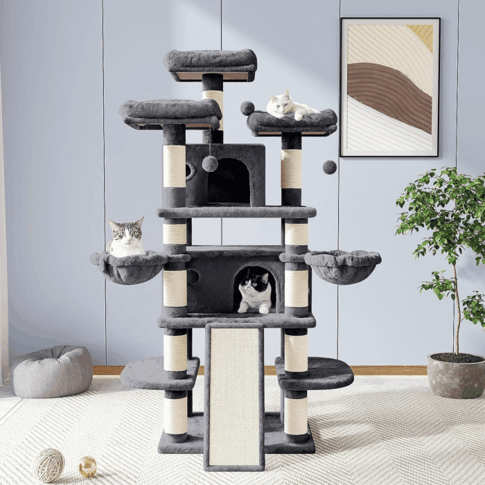 68 Inches Cat Tree/House and Towers for Big Feline/Scratching Post/Multi-Level Large Kitty Climbing Tree with Condo/Smokey Grey - Image 2