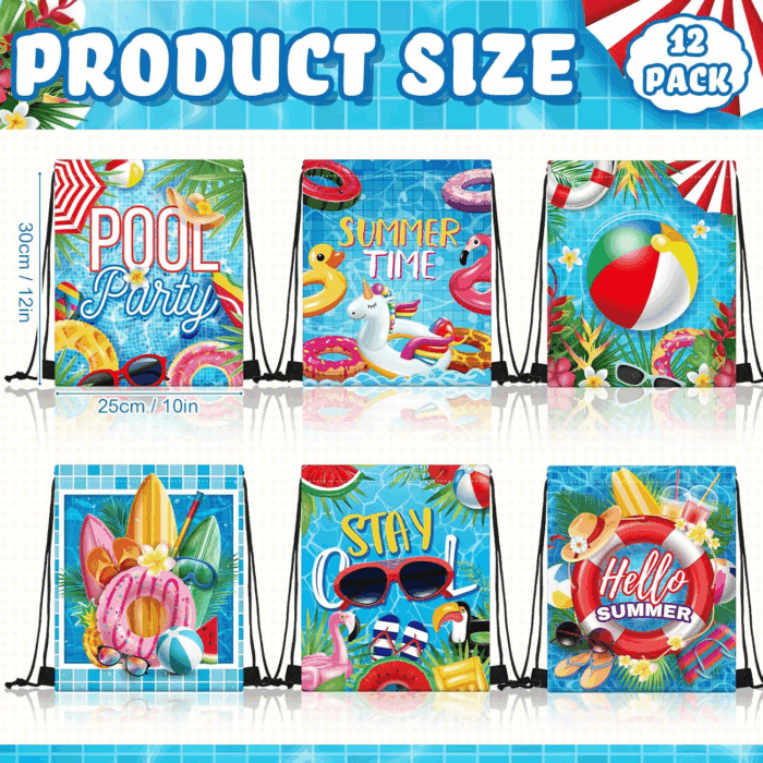 12 Pcs Pool Beach Drawstring Bags Summer Drawstring Backpack Beach Ball String Birthday Bag Pool Party Decoration (Classic) - Image 2
