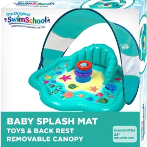 Baby Splash Play Mat with Adjustable Canopy – Inflatable Play Pool for Babies & Infants with Backrest – Includes Baby Water Toy Rings