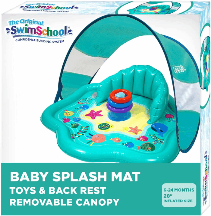 Baby Splash Play Mat with Adjustable Canopy – Inflatable Play Pool for Babies & Infants with Backrest – Includes Baby Water Toy Rings