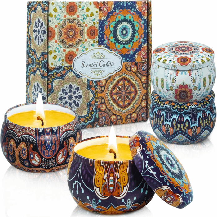 Scented Soy Candles Aromatherapy Gift Set: Rose Lavender Vanilla Jasmine 4Pcs Natural Wax 4.4 Ounce Travel 100% Soy Wax Tin Fragrance Relaxing Stress Relief Aroma Home Bath Spa Gifts for Women
