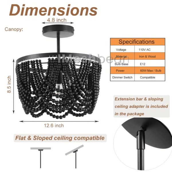 Black 12.6 Inch Wood Bead Chandelier Flush Mount Ceiling Light Fixture 3-Light Boho Light Fixtures Ceiling Farmhouse Chandeliers for Bedroom Dining Room - Image 5