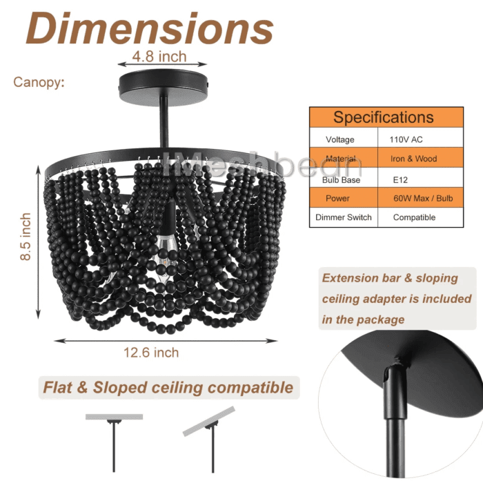 Black 12.6 Inch Wood Bead Chandelier Flush Mount Ceiling Light Fixture 3-Light Boho Light Fixtures Ceiling Farmhouse Chandeliers for Bedroom Dining Room - Image 5