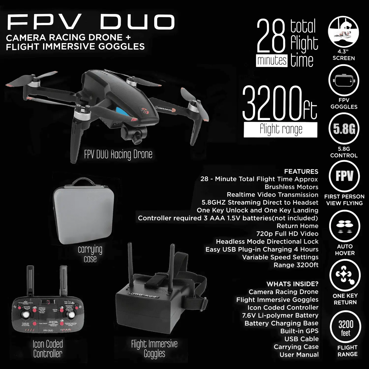 FPV Duo Racing Drone with Goggles and GPS, Black - Image 2