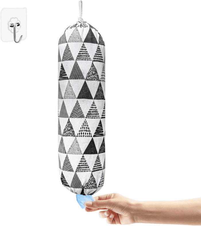 Plastic Bag Holder,Wall Mount Plastic Bag Organizer,Washable Large Grocery Bag Storage Dispenser,Shopping Bags Carrier ​For Home Kitchen Travelling,Free Adjustment with Drawstring,Gray Triangle, 22X9"