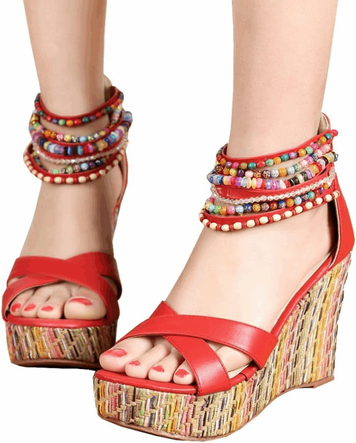 Women'S Wedge Sandals with Pearls across the Top Platform Sandals High Heels - Image 4