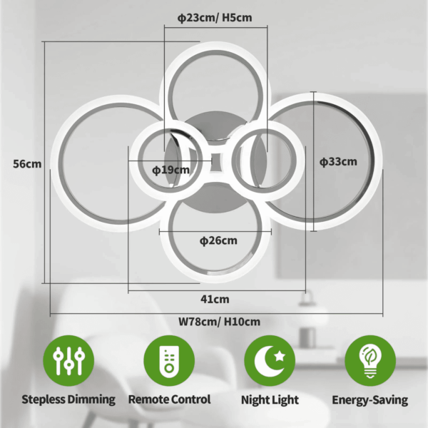 Modern LED Ceiling Light Fixture 6 Rings Dimmable Flush Mount Lighting with Remote for Living Room Bedroom Kitchen (6 Heads) - Image 6