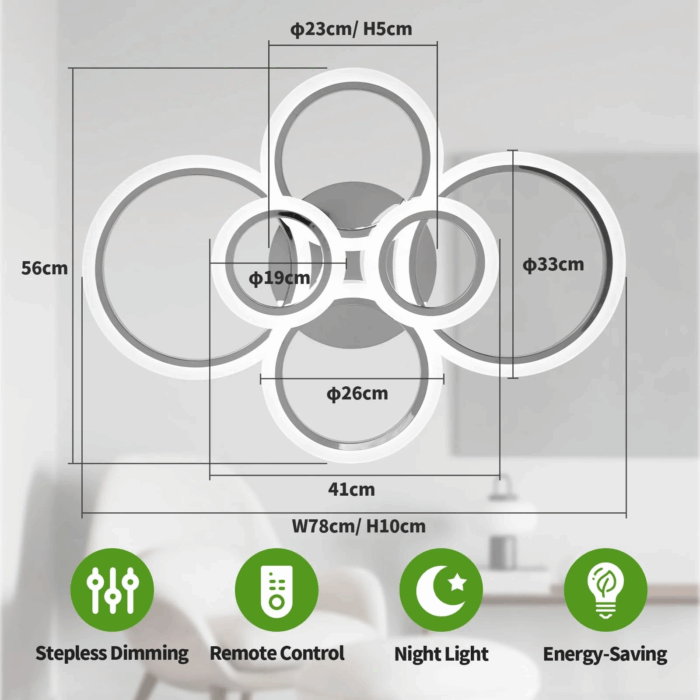 Modern LED Ceiling Light Fixture 6 Rings Dimmable Flush Mount Lighting with Remote for Living Room Bedroom Kitchen (6 Heads) - Image 6