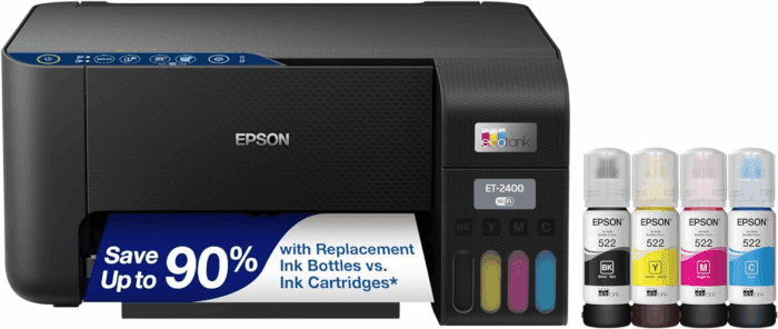 Ecotank ET-2400 Wireless Color All-In-One Cartridge-Free Supertank Printer with Scan and Copy – Easy, Everyday Home Printing, Black