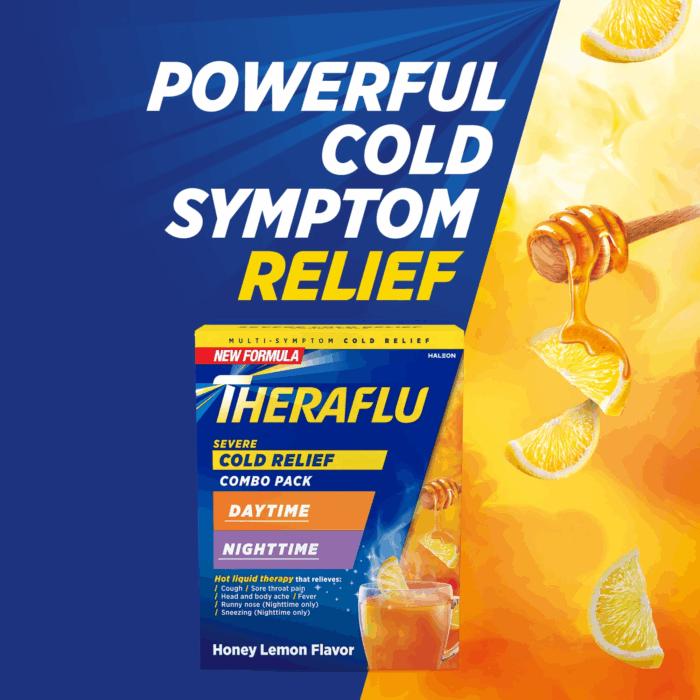 Severe Cough Cold and Flu Day and Nighttime Relief Medicine Powder, Honey Lemon, 12 Count - Image 2
