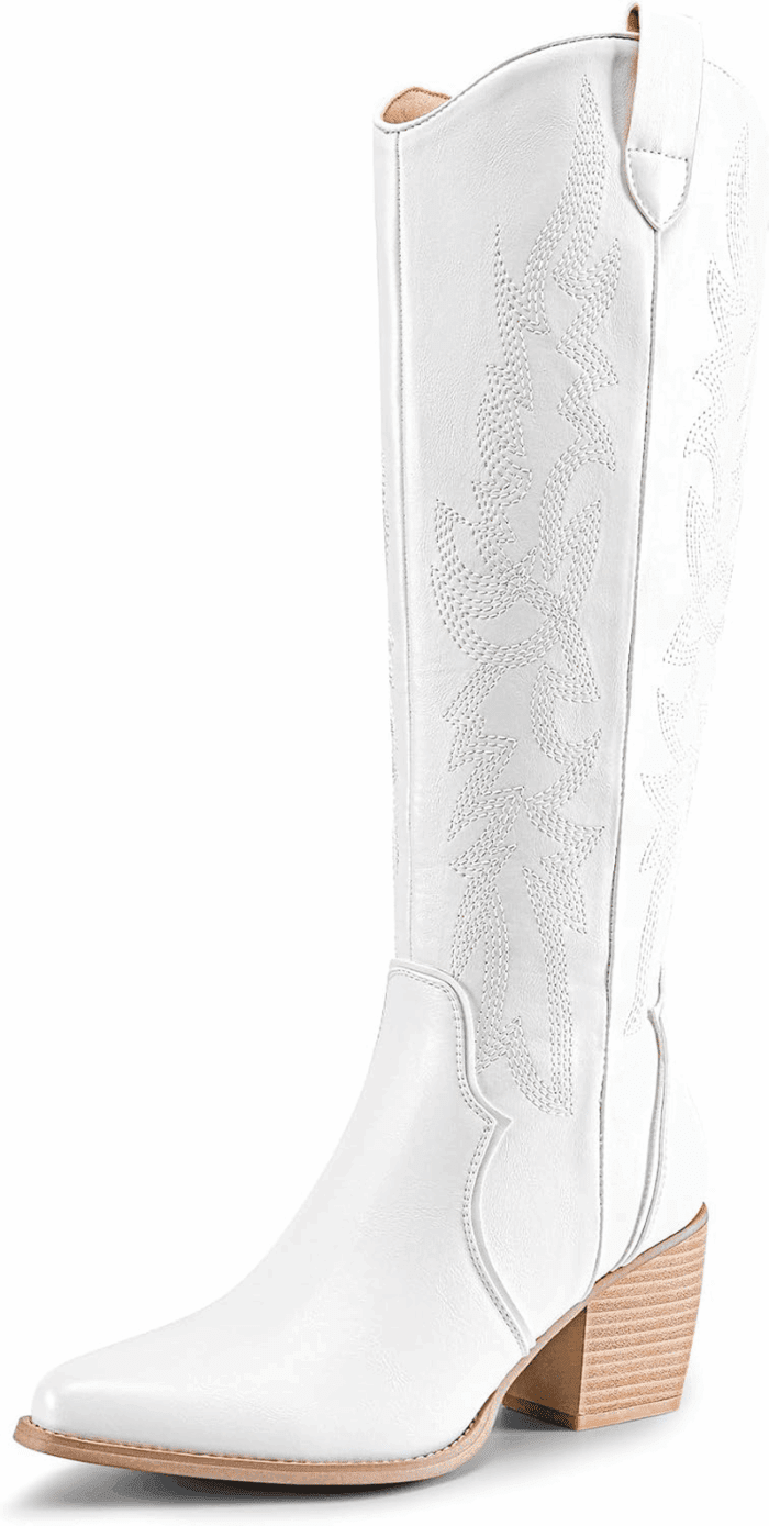 Womens Cowboy Boots Wide Calf Comfortable Pull on Zipper Chunky Heel Pointed Toe Embroidered Western Cowgirl Knee High Boots Girls Ladies Retro Tall Boot