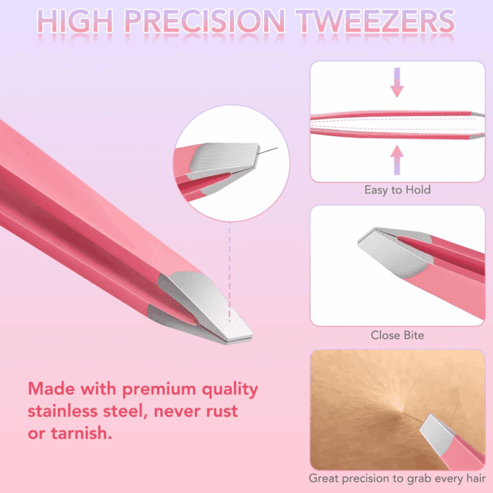 Tweezers Set for Facial Hair Removal Women, 8Pcs Precision Eyebrow Tweezers Nail Clipper Set Eyebrow Plucker Men for Ingrown Hair Removal (Pink) - Image 4