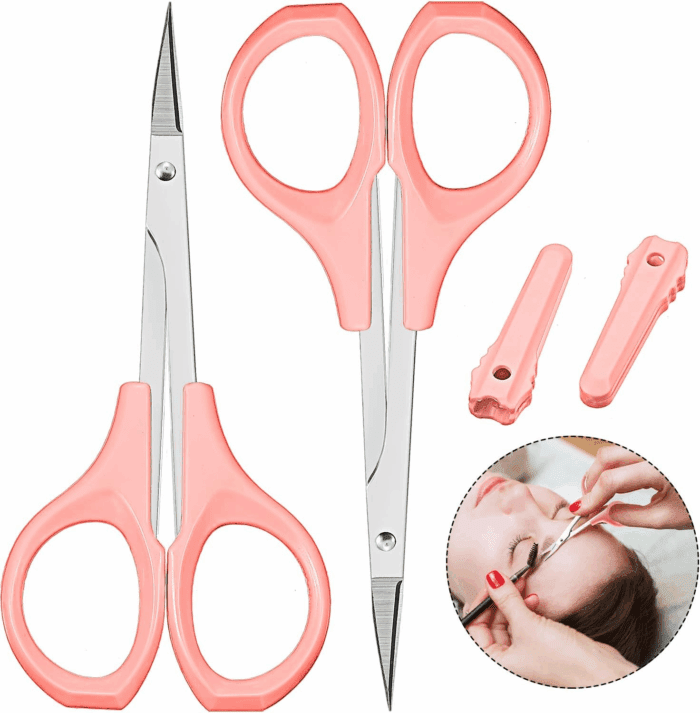 2 Pack Curved Craft Scissors Small Beauty Stainless Steel Trimming Eyebrow Scissors for Eyelash Extensions, Facial Nose Hair, 4 Inch(Pink)