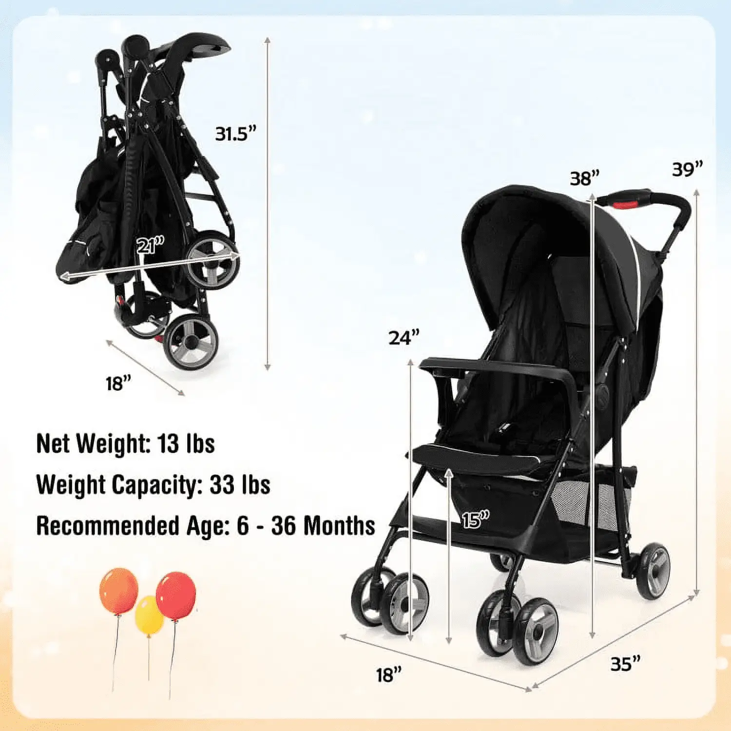 Baby Stroller, Infant Carriage Bassinet Stroller,Toddler Travel Stroller for Airplane with Adjustable Backrest and Canopy - Image 3