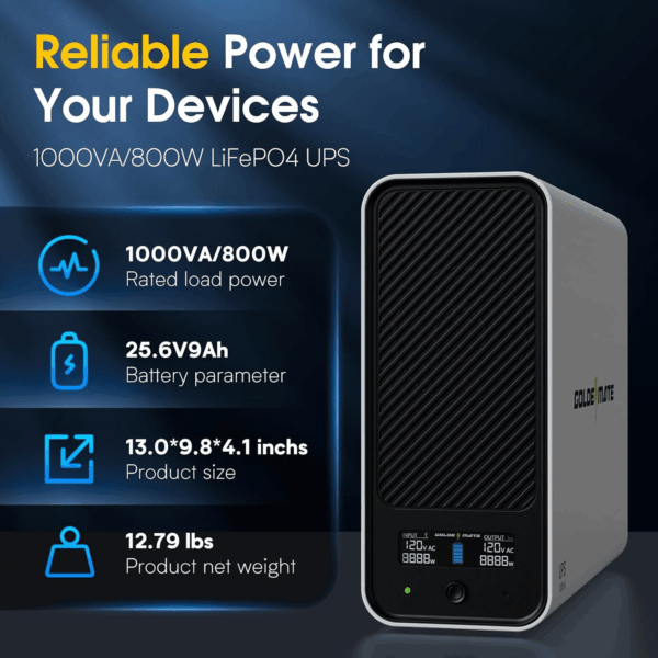 1000VA/800W Lithium UPS Battery Backup and Surge Protector, Backup Battery Power Supply with Lifepo4 Batteries(230.4 Wh), Sinewave UPS System, 10 Years Lifespan, 8 Outlets, LCD Display - Image 5