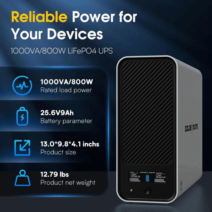 1000VA/800W Lithium UPS Battery Backup and Surge Protector, Backup Battery Power Supply with Lifepo4 Batteries(230.4 Wh), Sinewave UPS System, 10 Years Lifespan, 8 Outlets, LCD Display - Image 5