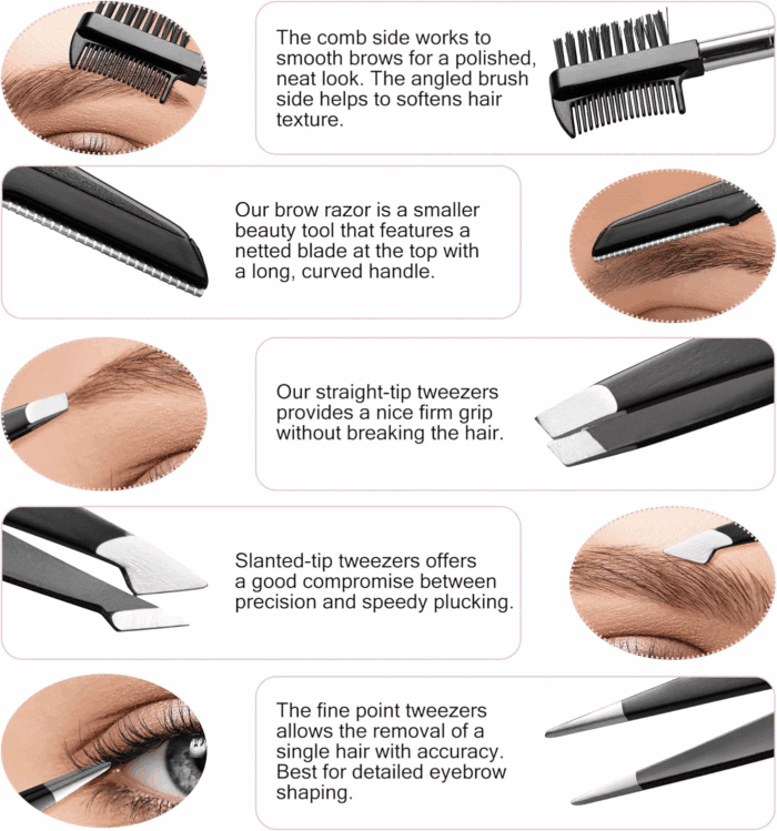 Eyebrow Trimmer 8-Pack - Eyebrow Tweezers Set - Eyebrow Shaping Kit for Women & Men with Razor, Brush with Comb, Pencil, and Scissors in Padded Case - Image 3