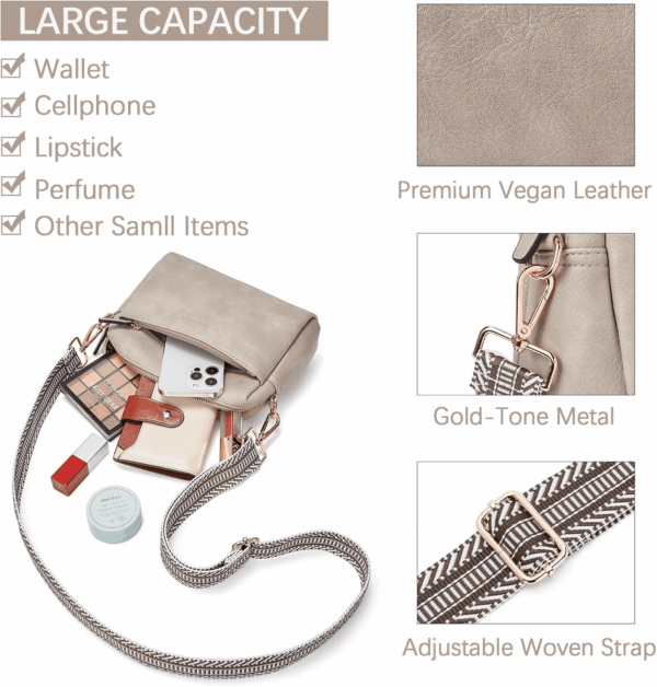 Small Crossbody Purse for Women Triple Zip Cell Phone Leather Handbag with Colored Shoulder Strap - Image 4