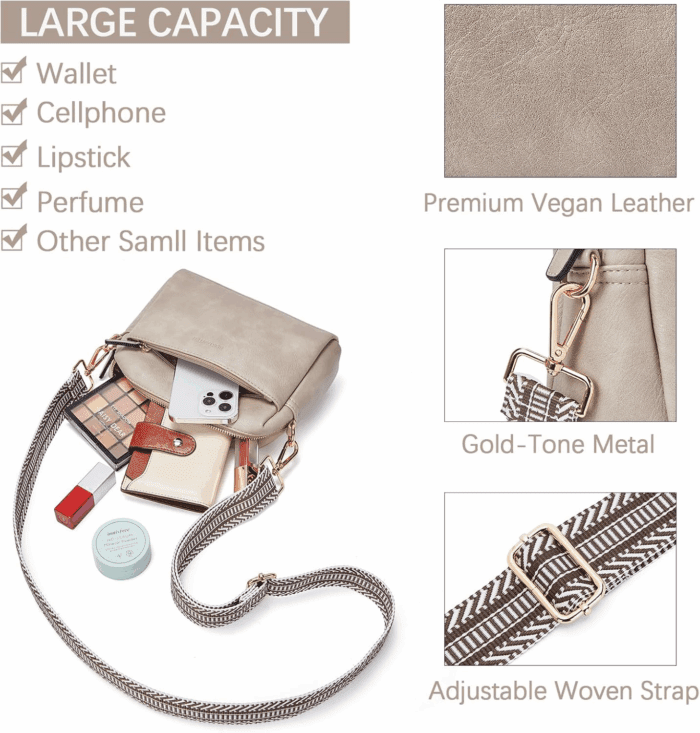 Small Crossbody Purse for Women Triple Zip Cell Phone Leather Handbag with Colored Shoulder Strap - Image 4