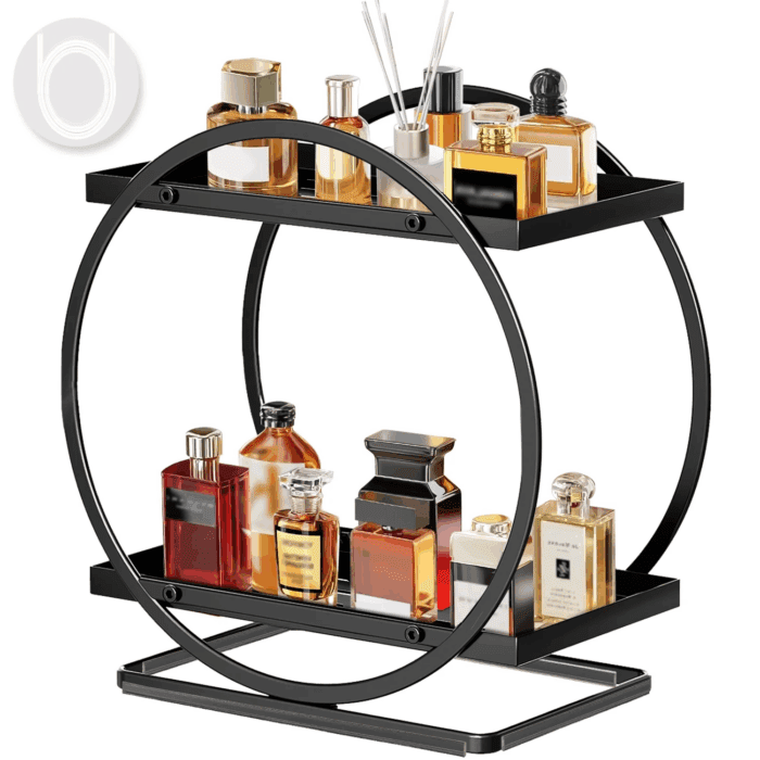 2 Tier Anti-Slip & Anti-Sway Perfume Organizer for Dresser, Solid Carbon Steel Perfume Stand with Silicone Anti-Slip Strips, Multifunction Perfume Display for Lotion, Cosmetic, Skincare, Gold - Image 8