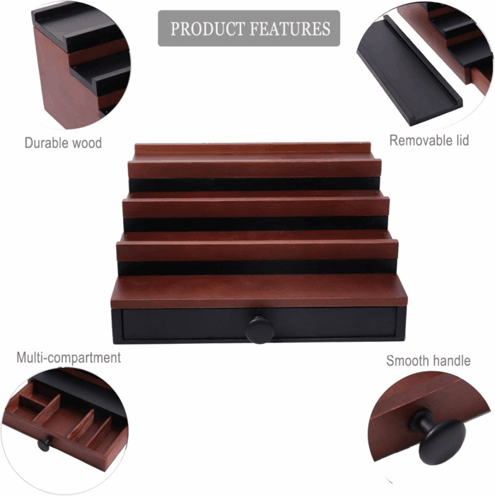 Cologne Organizer for Men - 4 Tier Walnut Black Wooden Cologne Display Stand with Drawer and Hidden Compartment, Mens Cologne Holder Shelf for Organizing and Storing, Walnut Black - Image 6