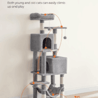 Cat Tree, 61-Inch Cat Tower for Indoor Cats, Plush Multi-Level Cat Condo with 5 Scratching Posts, 2 Perches, 2 Caves, Hammock, 2 Pompoms, Light Gray UPCT192W01 - Image 3