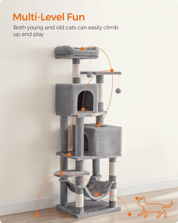Cat Tree, 61-Inch Cat Tower for Indoor Cats, Plush Multi-Level Cat Condo with 5 Scratching Posts, 2 Perches, 2 Caves, Hammock, 2 Pompoms, Light Gray UPCT192W01 - Image 3