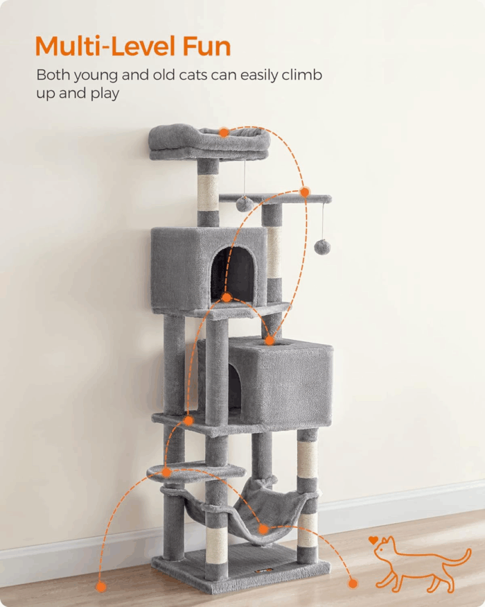 Cat Tree, 61-Inch Cat Tower for Indoor Cats, Plush Multi-Level Cat Condo with 5 Scratching Posts, 2 Perches, 2 Caves, Hammock, 2 Pompoms, Light Gray UPCT192W01 - Image 3