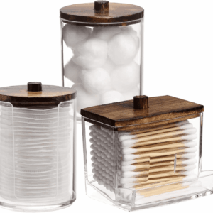 Bathroom Organizer Accessories Set-10 OZ,7 OZ Qtips Holder Storage with Wood Lids, Cotton Ball/Swabs Dispenser, Apothecary Container Jar 3 Pcs