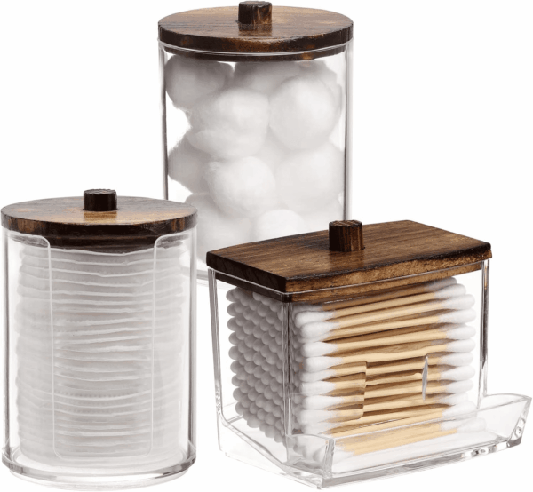 Bathroom Organizer Accessories Set-10 OZ,7 OZ Qtips Holder Storage with Wood Lids, Cotton Ball/Swabs Dispenser, Apothecary Container Jar 3 Pcs
