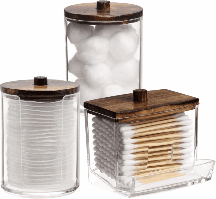 Bathroom Organizer Accessories Set-10 OZ,7 OZ Qtips Holder Storage with Wood Lids, Cotton Ball/Swabs Dispenser, Apothecary Container Jar 3 Pcs