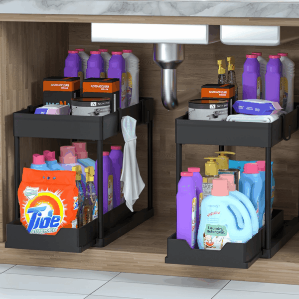 Under Sink Organizer 2 Pack, Bathroom Cabinet Organizer, 2 Tier Sliding Cabinet Basket Organizer Drawer, Multi-Purpose Bath Collection Baskets for Bathroom (Black) - Image 4