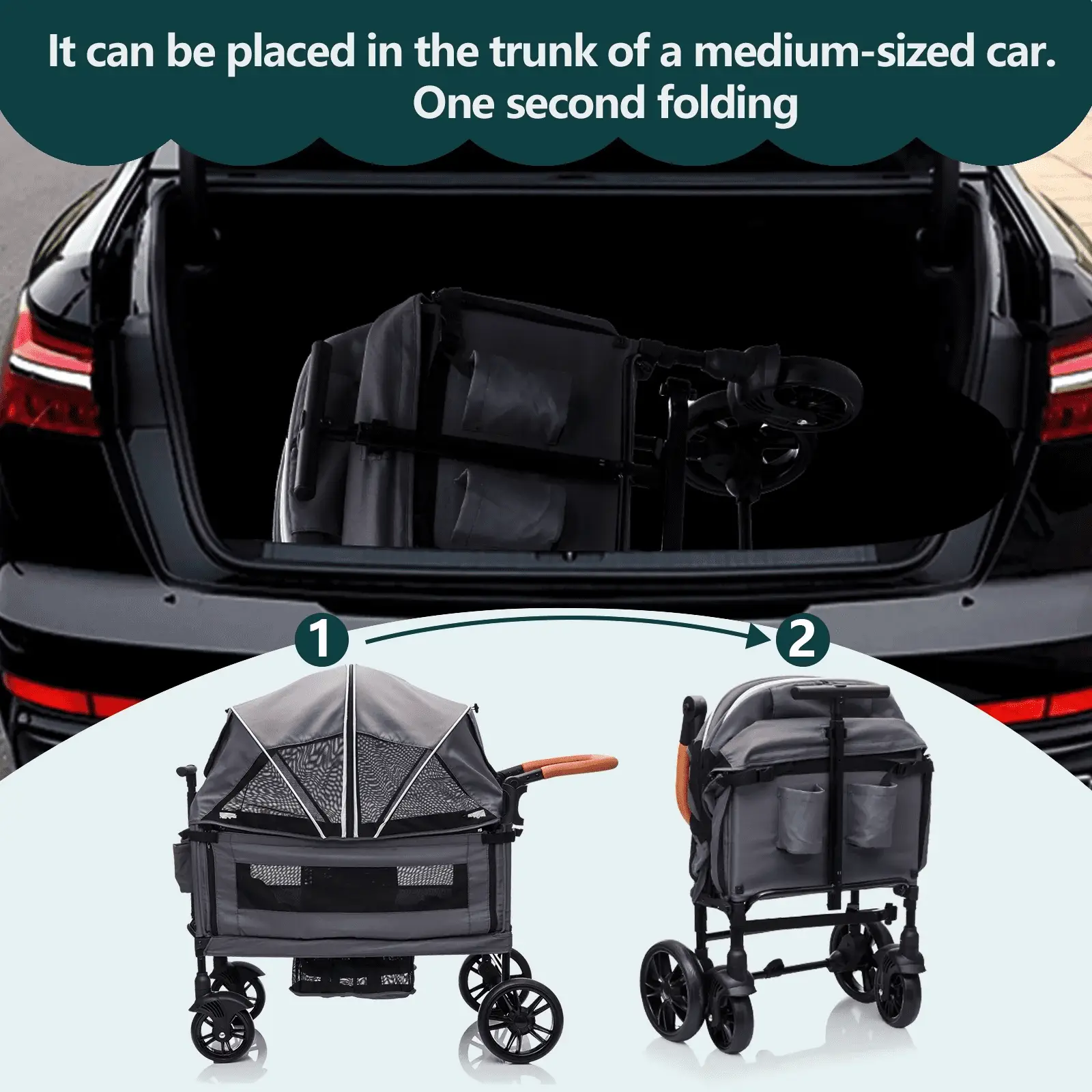Wagon Stroller for 2 Kids - Push-Pull Double Lightweight Folding Stroller for Toddler - Image 5