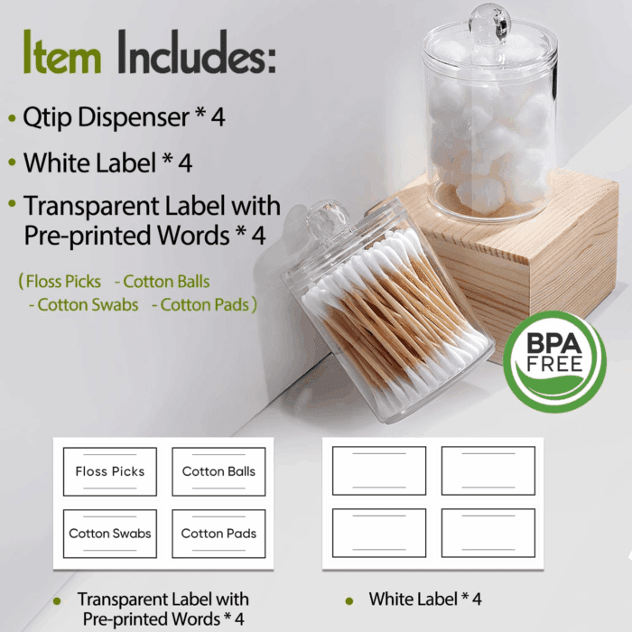 4 Pack Acrylic Qtip Holder Dispenser for Cotton Swabs, Balls, Pads, Floss Picks- Small Clear Plastic Canister Apothecary Jar Set, Bathroom Essentials Accessories Decor, Vanity Makeup Storage Organizer - Image 2